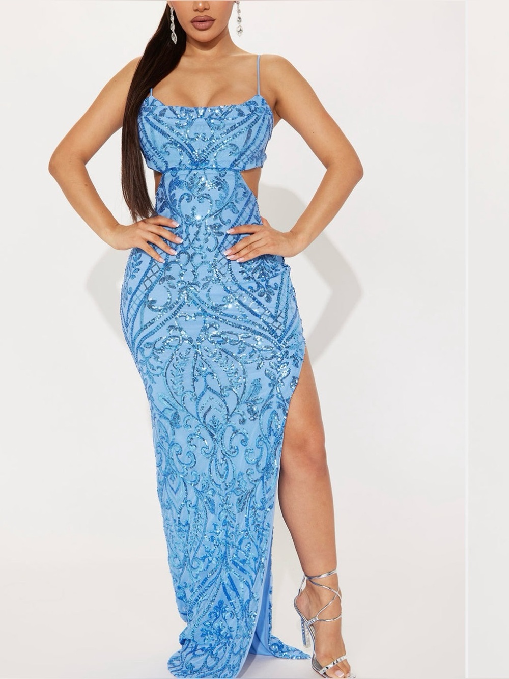 Fashion Nova Sky Blue Sequin Cutout Maxi Dress